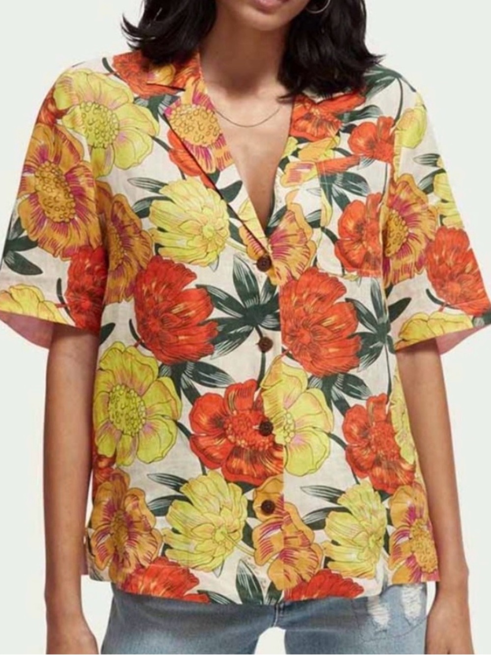 Scotch & Soda Orange, Yellow & Green Floral Button-Down Linen Shirt